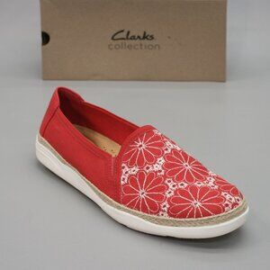 Clarks Ladies 11 W Wide Elaina Harbor Red Textile Flats Slip-on Loafers Shoes